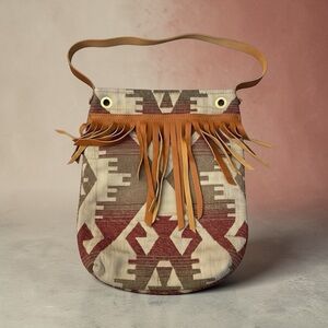 Boho Fringe Tribal Canvas Shoulder Bag - Tan & Burgundy